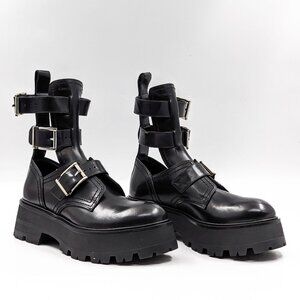 Alexander McQueen Wmn Rave Black Leather Buckle Festival Platform Boots 7US 37EU